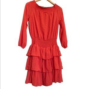 MICHAEL KORS Off Shoulders Tiered Ruffled Dress Coral Small